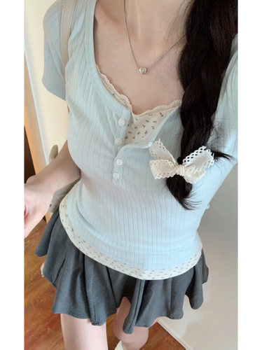 蓝假两件碎花短袖t恤女辣妹上衣