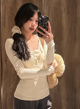 碎花假两件长袖T恤女秋冬季杏色内搭修身打底衫纯欲甜辣短款上衣