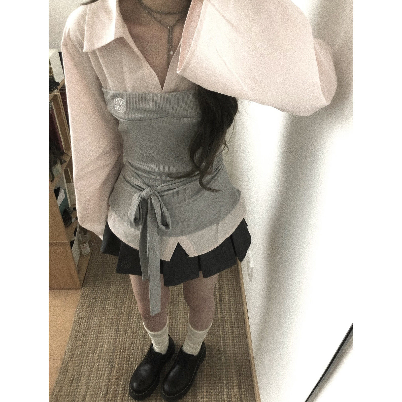 灰粉氛围感拼接假两件长袖衬衫