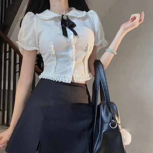 娃娃领花边短袖衬衫女夏短款衬衣