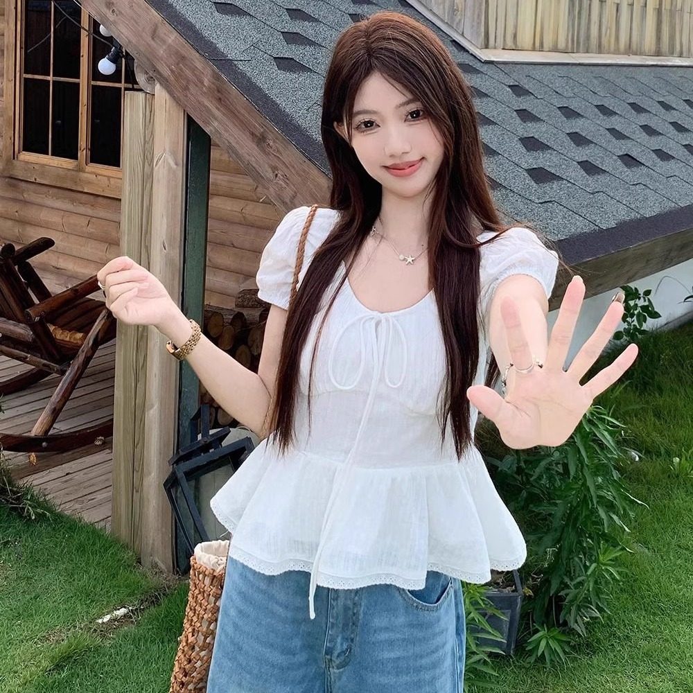 法式甜美泡泡袖蝴蝶结系带衬衫
