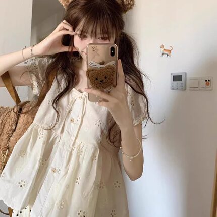 韩系甜美镂空短袖衬衫女夏季小众蝴蝶结花边娃娃衫上衣设计感小衫