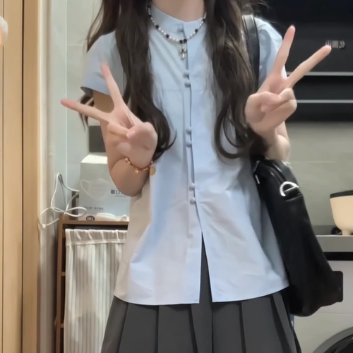 法式甜美蓝色短袖衬衫女白搭衬衣