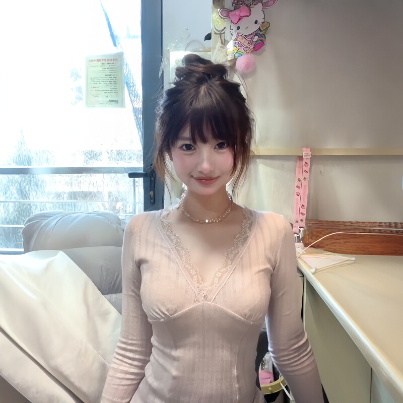 韩系蕾丝拼接V领长袖正肩T恤女纯欲风修身显瘦内搭打底衫辣妹上衣,女装/女士精品,T恤,淘宝优惠券,粉丝福利购,淘宝优惠卷