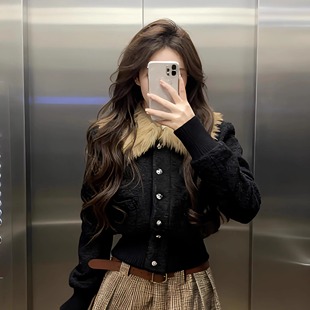 可拆卸毛领开衫 短款 女2025冬季 修身 夹克外套小香风上衣潮 新款 美式