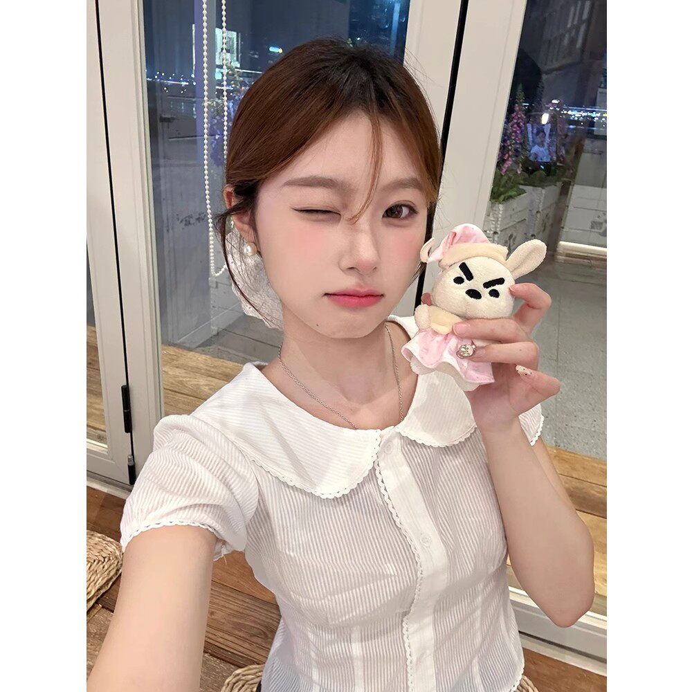 甜美娃娃领短袖衬衫女夏季新款修身显瘦韩系学院风收腰系带上衣潮