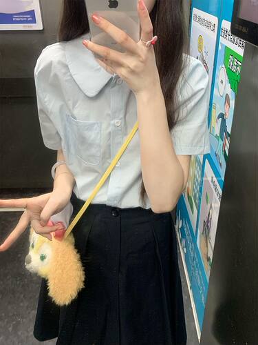 蓝色娃娃领衬衫甜辣妹短袖衬衫女