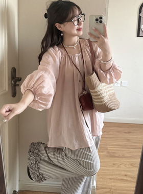 法式甜美两面穿亚麻防晒衬衫外套女薄款早秋开衫宽松休闲长袖上衣