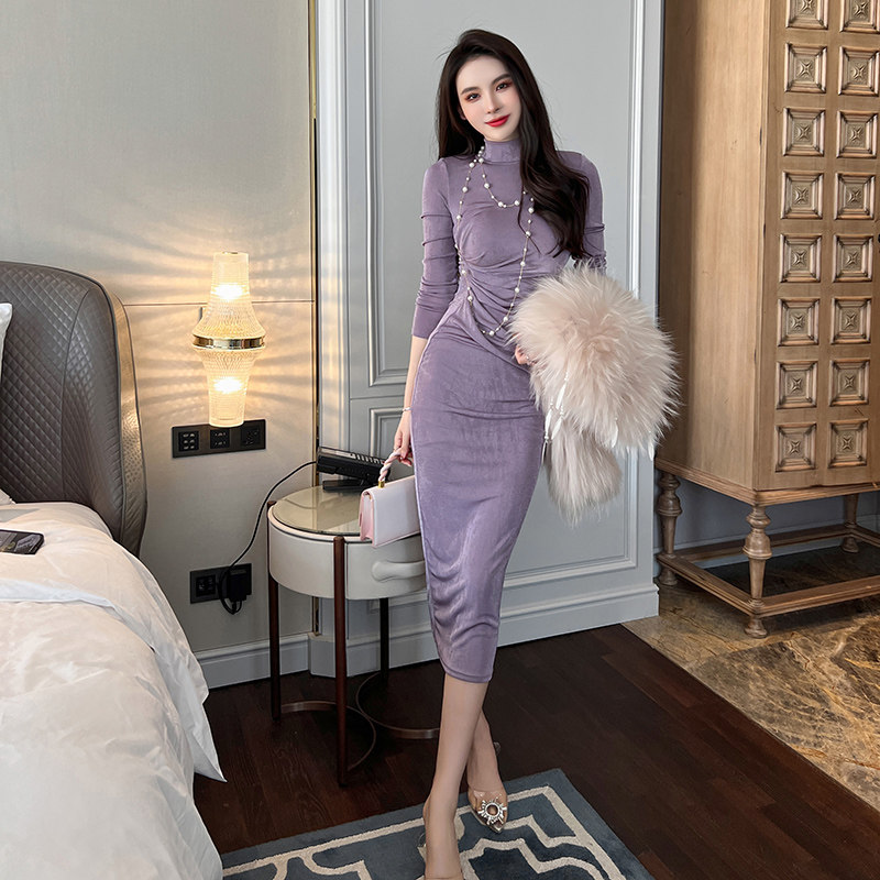 欧洲站包臀紧身连衣裙中长款法式高领百搭修身显瘦打底裙子内搭冬