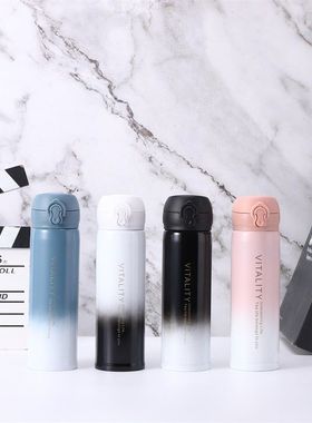 304不锈钢双层真空保温杯直高盖颜水杯弹跳批发身值杯渐变色