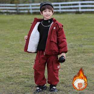 儿童装男童棉服套装秋冬款2025新款男孩冬装加绒加厚工装红色衣服