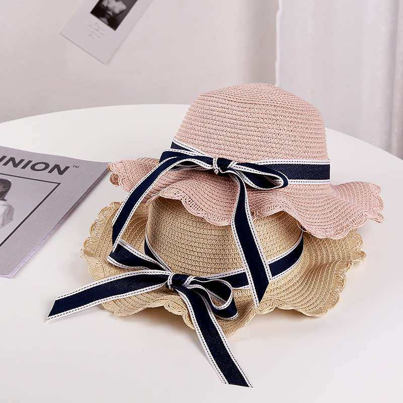 亲子款草帽韩版条纹大沿帽夏季潮出游度假蝴蝶结防晒女童沙滩草帽
