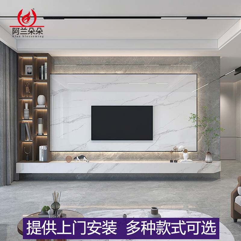 网红新款悬空岩板简约木格背景墙栅现代大理石墙影视客厅装饰电视