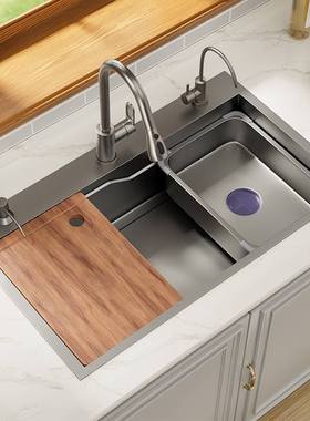 枪灰色SUS304不锈钢纳米厨房加厚手工单槽瀑布洗菜大洗碗池水槽盆