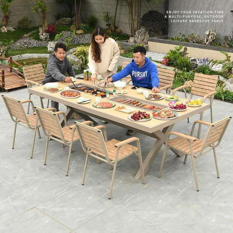 户外庭院北欧烧烤桌露天花园塑木桌椅组合家用室外商用炭电烧烤炉