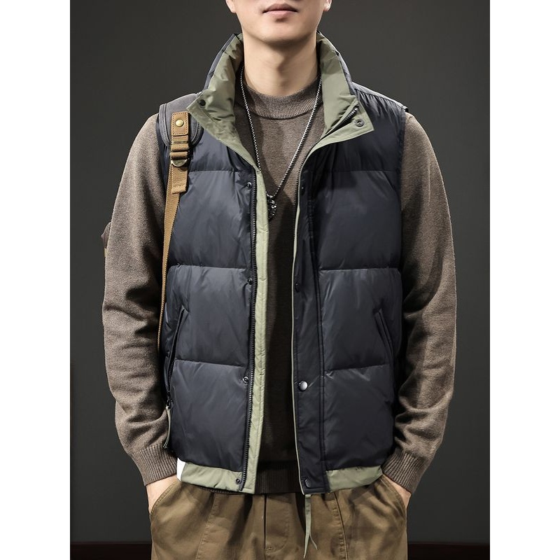 冬季美式潮牌拼色立领男士羽绒马甲白鸭绒保暖背心蓬松坎肩面包服