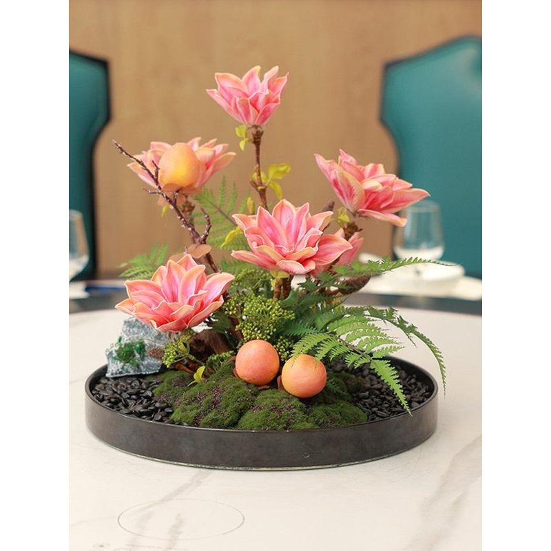 高档酒店大圆桌假花转盘中间摆件新中式餐桌花摆花餐厅桌面装饰花