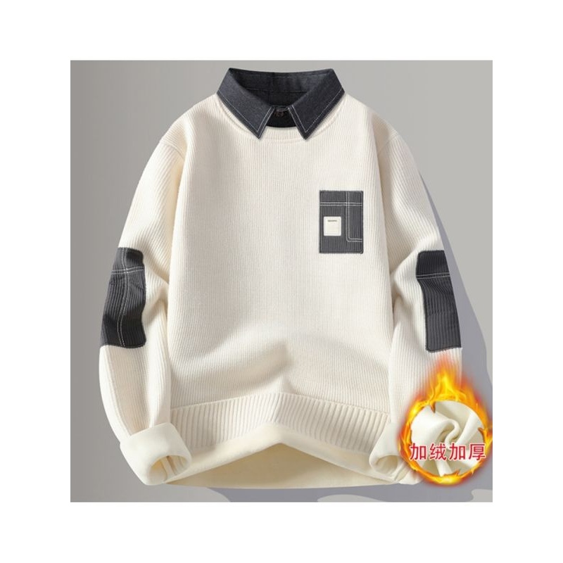 一体绒毛衣男秋冬款加绒加厚假两件长袖衣服潮牌衬衫领打底针织衫