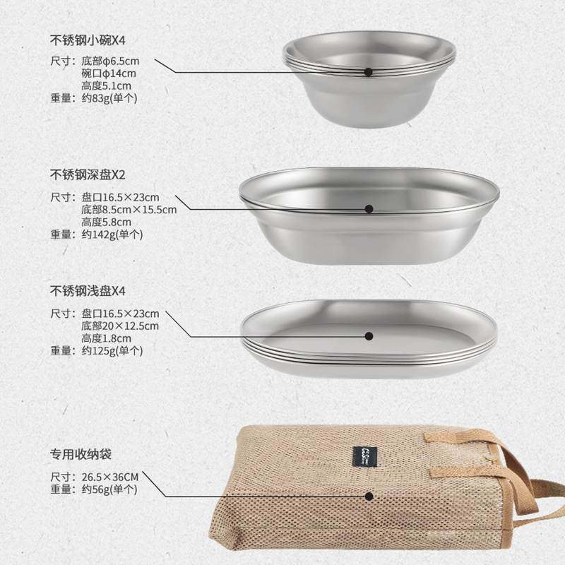 CLS户外304不锈钢餐盘套装餐具碗碟10自驾游盆烧烤件套露营野营汤