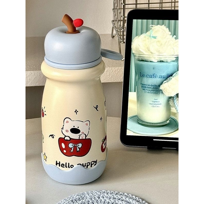 可爱苹果小狗保温杯女生高颜值新款学生便携杯子带提环316不锈钢