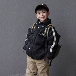 儿童黑色三防羽绒服2025冬季新款童装韩版帅气男女童立领保暖外套