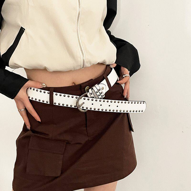 新品 美式嘻哈皮带女宽腰带y2k腰带朋克风柳钉黑色百搭ins休闲裤