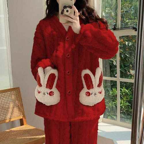 喜庆红色珊瑚绒睡衣秋冬季加绒保暖结婚本命年可爱少女家居服套装