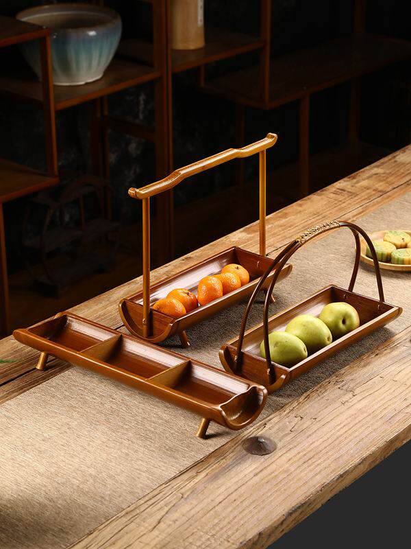 大漆楠竹小提篮水果篮茶点盘点心托客厅家用茶道中式古风创意手工