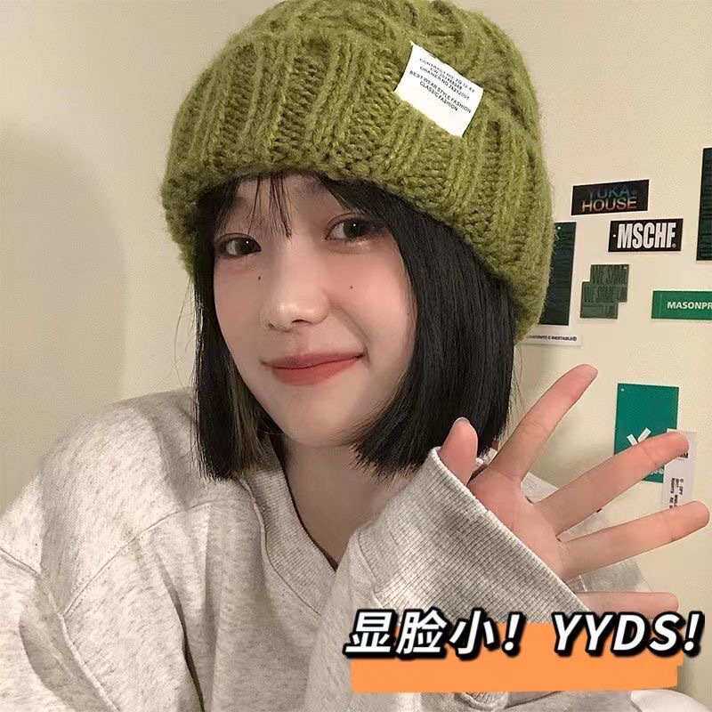 优选韩版纯色女学生秋冬季百搭麻花针织保暖堆堆帽适合圆脸的毛线