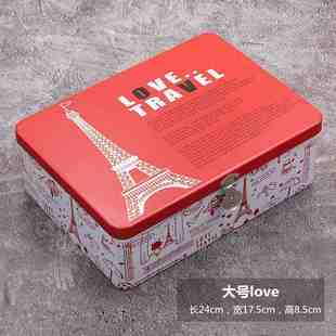 大尺寸田园翻盖带锁铁皮盒子票据证件收纳储物盒送礼品密码锁铁盒