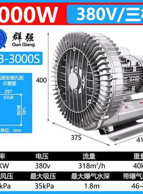 高压漩涡风机3KW380V旋涡式气泵3000W鱼塘增氧机曝气增定 制批发