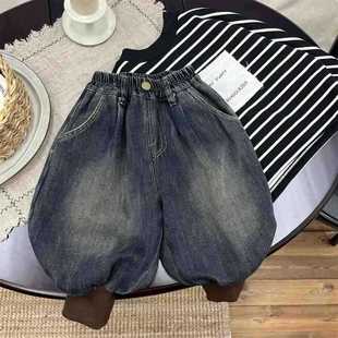 儿童春秋冬款牛仔裤一体绒秋冬季2025新款宝宝灯笼裤加绒男童裤子