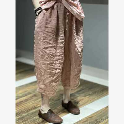 High Waist Cotton Linen Seven-Foot Pants Women Summer Large