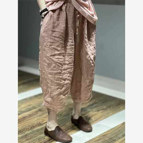 High Waist Cotton Linen Seven-Foot Pants Women Summer Large