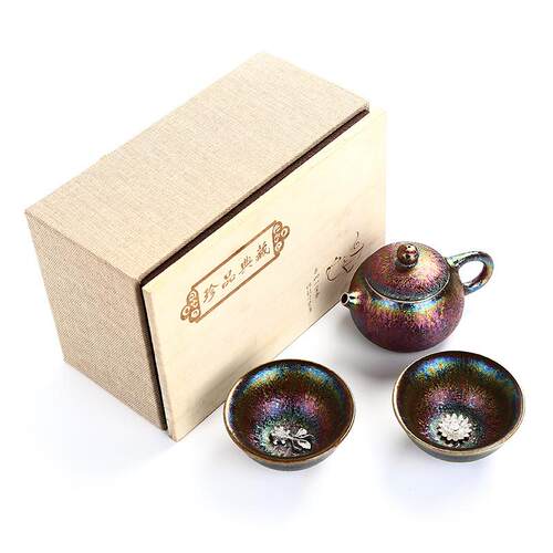 景德镇天目釉建盏一银二杯整套壶饰茶杯功夫茶具套装陶瓷日式