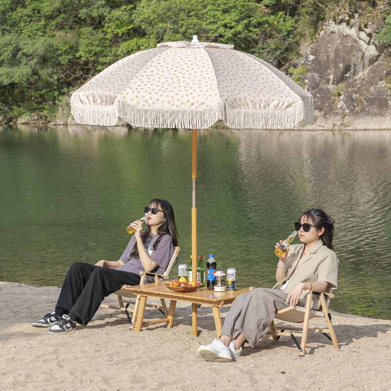 户外伞圆波点榉木海边沙滩伞休闲防晒便携折叠桌克米特椅组合