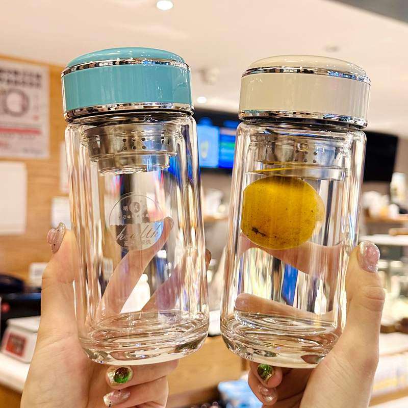 高颜值水杯2024新款女士双层高硼硅玻璃杯子耐高温分离泡茶杯迷你