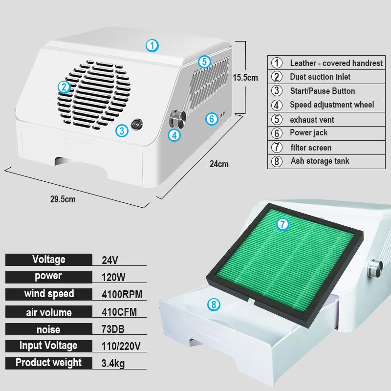 跨境专供大功率120W美甲吸尘打磨机手枕三合一H13级滤芯除味吸尘