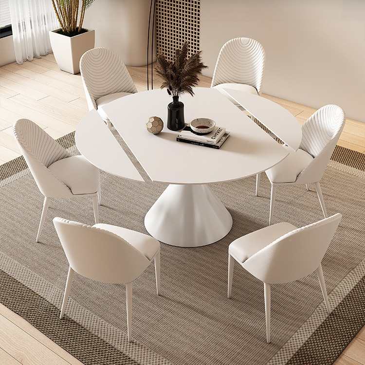 法式奶油风伸缩折叠岩板餐桌可收缩方圆家用小户型可旋转圆形饭桌