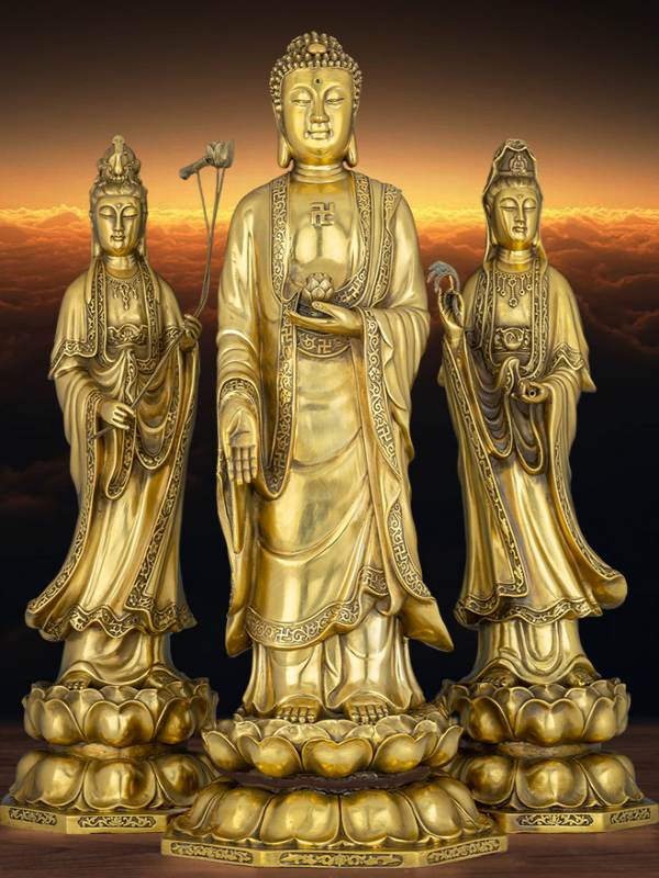 黄铜西方三圣佛像阿弥陀佛大势至菩萨观音佛像家用佛堂供奉摆件
