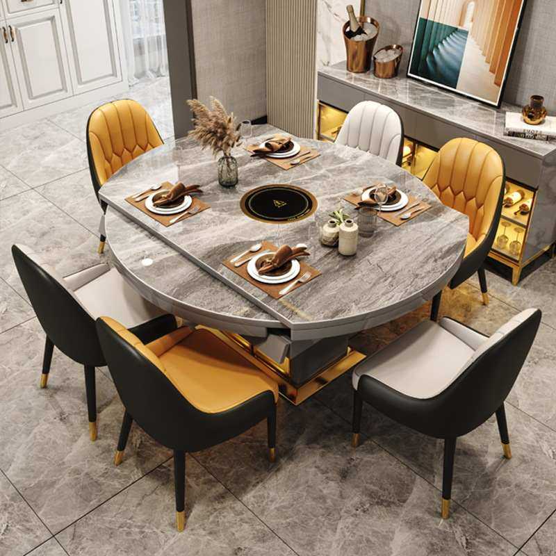 轻奢风多功能火锅家用亮光岩板餐桌带电磁炉方圆饭桌两用伸缩,住宅家具,电磁炉餐桌,淘宝优惠券,粉丝福利购,淘宝优惠卷