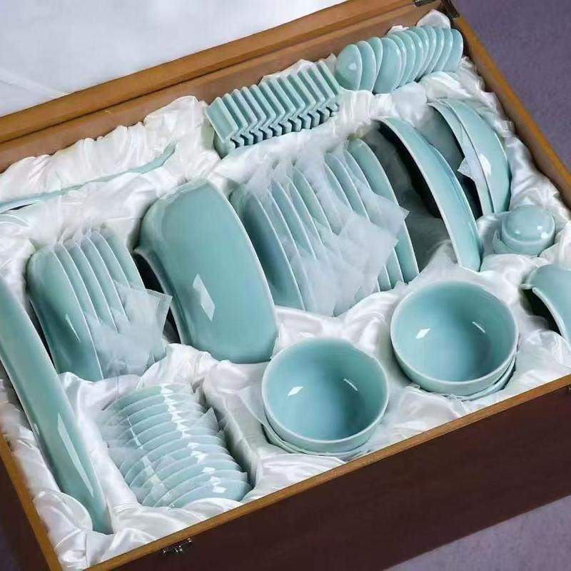龙泉青瓷整套乔迁送礼盒装餐具套装家用陶瓷盘子碗盘汤碗10人组合,餐饮具,餐具瓷器套装,淘宝优惠券,粉丝福利购,淘宝优惠卷