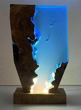 手工创意实木树脂灯海洋潜水员桌面摆件艺术小夜灯氛围灯礼物饰品