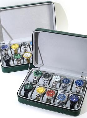 墨绿色便携式防尘机械表手表收纳盒盒手表式拉链简约腕表首饰盒