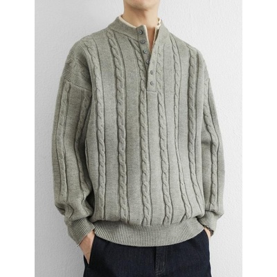 纽扣半开襟毛衣男款秋冬季慵懒麻花针织衫美式假两件内搭打底衣服