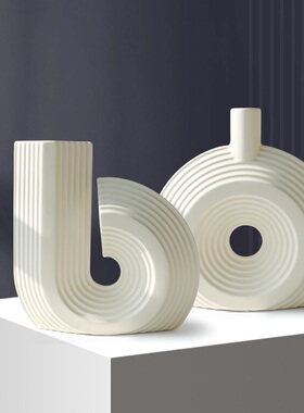 意式极简黑白陶瓷装饰品器样板间花瓶创意干花家居摆件异型花管道