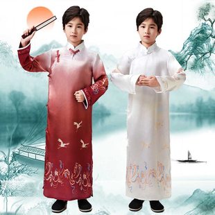 儿童相声大褂男女童刺绣长衫中国风国学长袍说书人扇子舞蹈服渐变