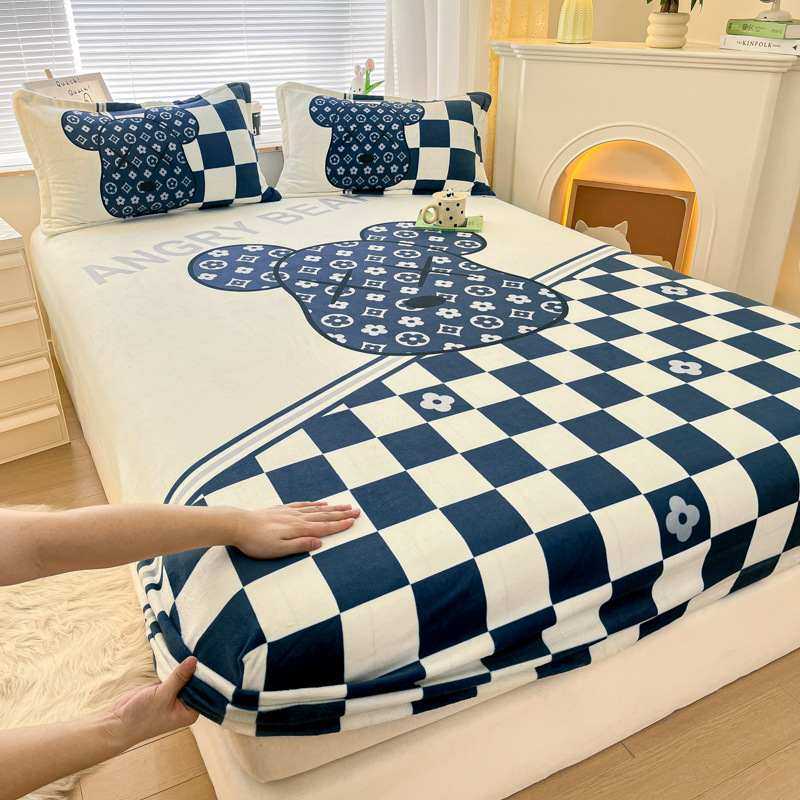 纯色高克重大版牛奶单件秋冬季笠床罩卡通防滑席梦思笠式款床绒床