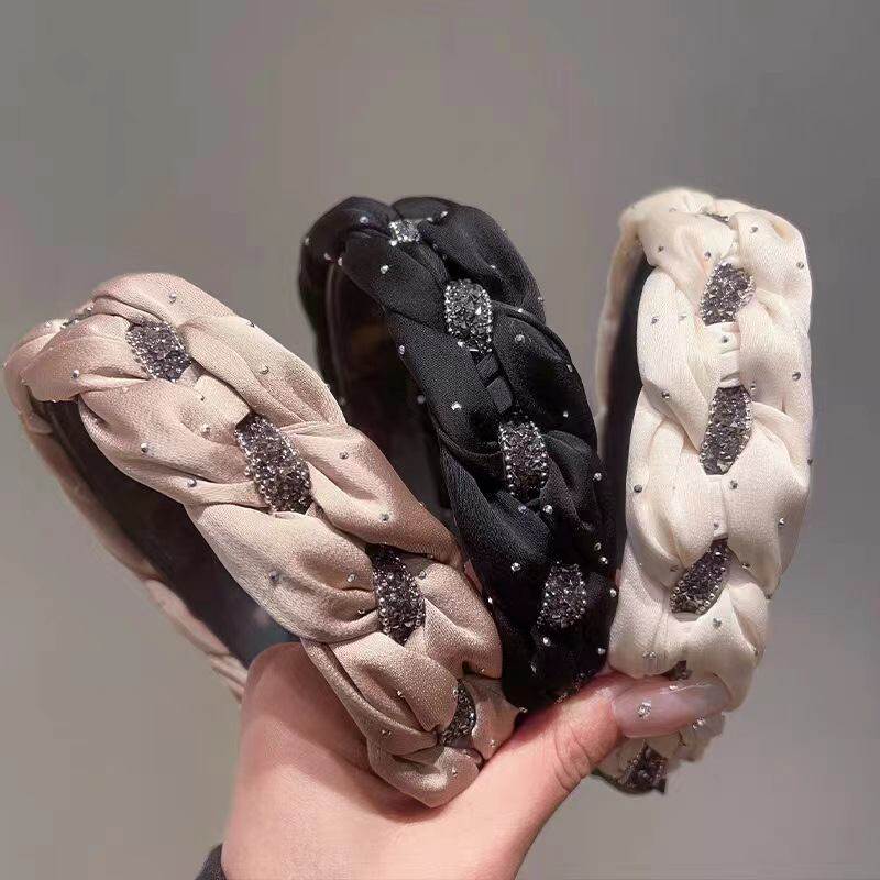 新品 韩版黑色水钻麻花编织高颅顶发箍女高级感百搭发卡洗脸头箍