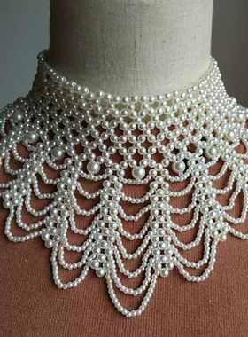 戏曲项链六层镂空手工编织高领波浪夏季百搭珍珠项链演出围脖遮